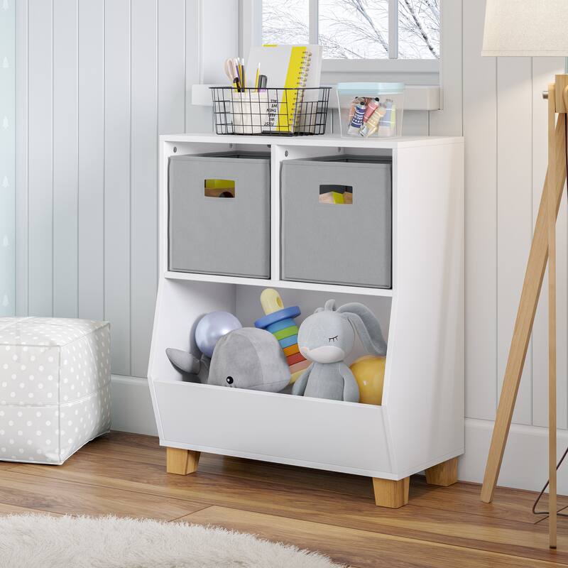 RiverRidge Kids Catch-All 24in Toy Storage Organizer with 2 Cubbies and 2 Storage Compartments - with Optional Bins - White with 2 Gray Bins