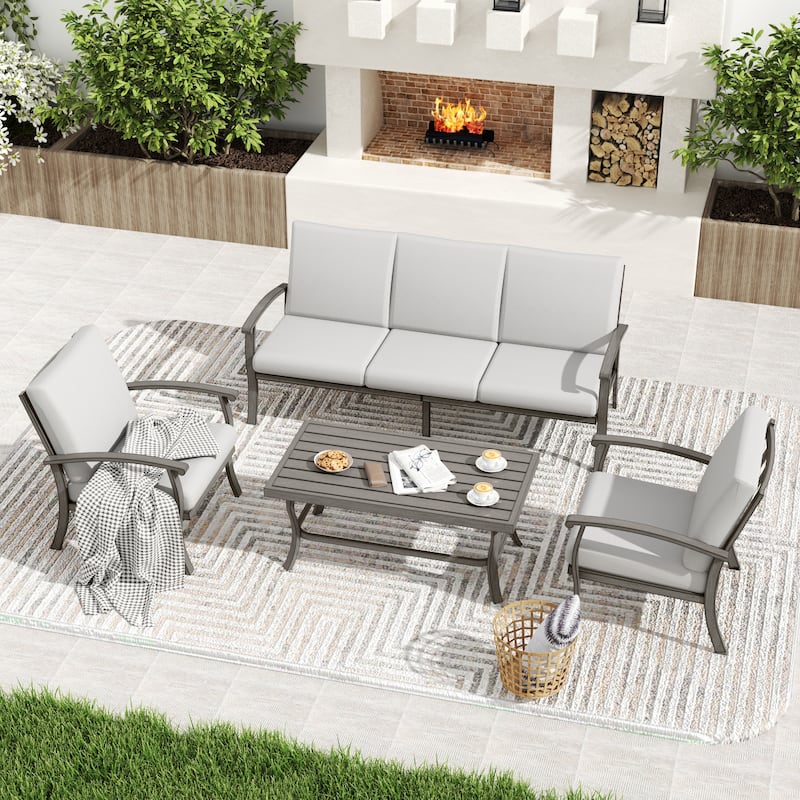 5-Person Aluminum Patio Conversation Set with Coffee Table, Sofa and Light Gray Cushions