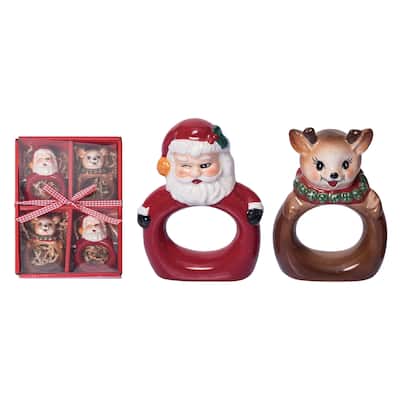 Transpac 8.25 in. Holiday Vintage Santa Reindeer Napkin Rings Set of 4