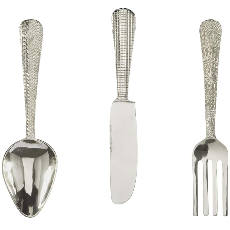 Aluminum Metal Utensils Knife, Spoon and Fork Home Wall Decor - Set of 3 Silver or Gold - Roche River Decor - Silver - 23", 23", 23"H