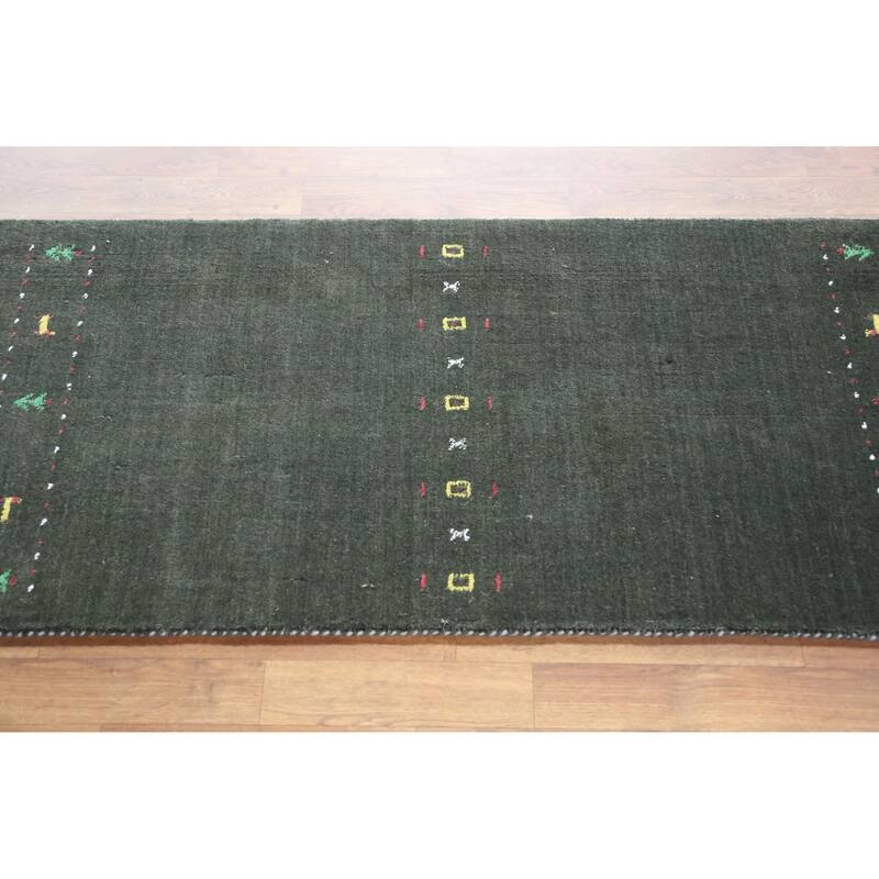 Animals Green Gabbeh Indian Runner Rug Hand-Knotted Wool Carpet - 2'4" x 9'2"