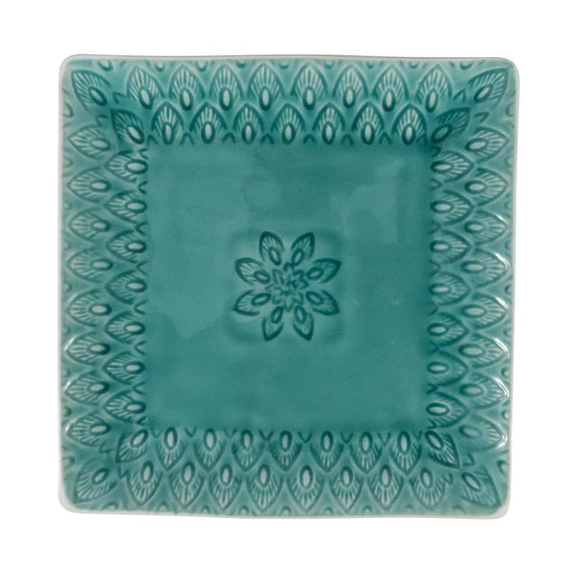 Euro Ceramica Peacock 11.5" Square Serving Platter in Lagoon - 11.4 in. x 11.4 in. x 1.2 in. - Lagoon