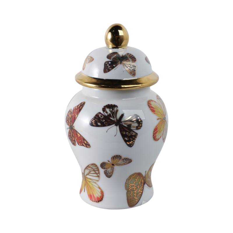 Ceramic Decorative Temple Jar with Lid and Metallic Butterfly Motif