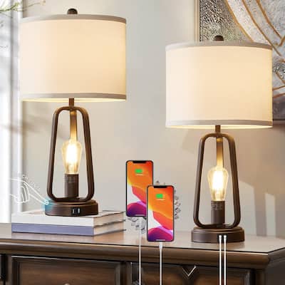 Modern Farmhouse Table Lamp Set of 2, Table Lamps with USB Port, 3-Way Dimmable Bedside Touch Lamp with Rotary Switch