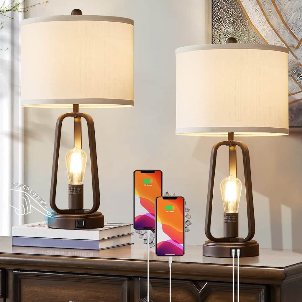 Modern Farmhouse Table Lamp Set of 2, Table Lamps with USB Port, 3-Way Dimmable Bedside Touch Lamp with Rotary Switch