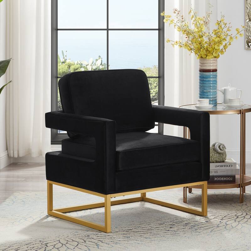Modern Style Accent Chair with Gold Metal Base , Velvet Upholstered Leisure Chair with Open Armrest, Armchair