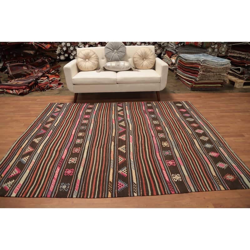 Hand Woven Oriental 100% Wool Carpet Southwestern Tribal Multi-Colored Kilim Area Rug - 7' 10'' X 6' 5''