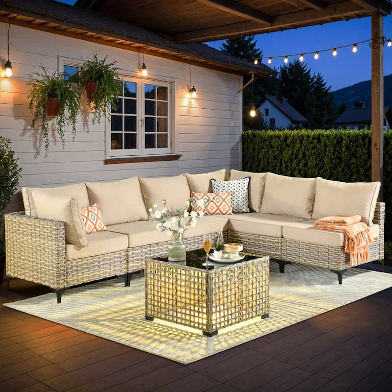 XIZZI 7-piece Outdoor Patio Furniture Rattan Wicker Modular Sofa Set with Table - Beige