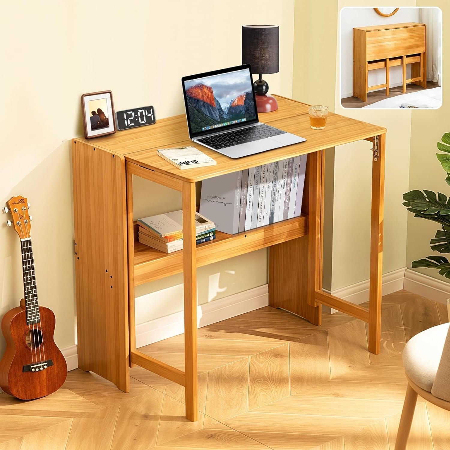 31.5 Inch Foldable Bamboo Desk for Small Spaces, Compact Study Table for Home Office, Bedroom, Dorm, Apartment
