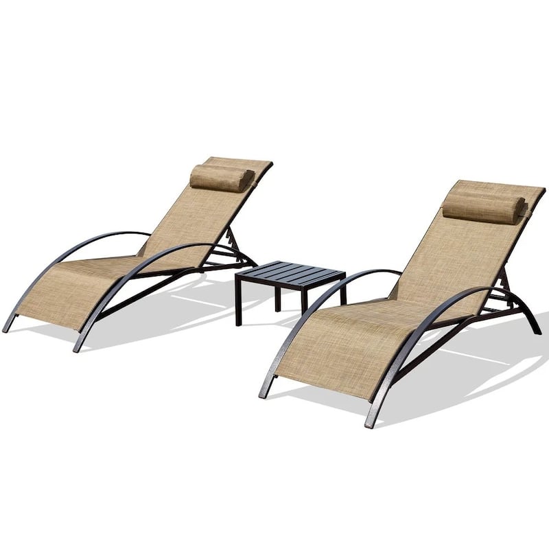 EROMMY 3-Pcs Adjustable Patio Recliner Chair, Includes two Recliners and a Table, Brown - 59.8'' * 22.8''