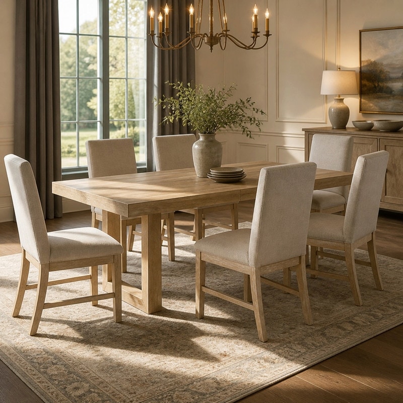 Farmhouse 7-Piece Extendable Dining Set with Butterfly Leaf and 6 Upholstered Chairs
