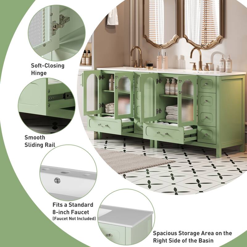 72" Bathroom Cabinet with Waffle Texture Doors,Bathroom Vanity with Eight Drawers,Four Soft-Closing Doors and Double Sink Top