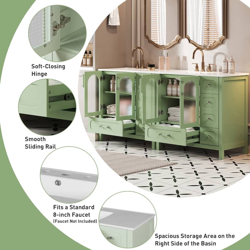 72" Double Sink Bathroom Vanity - Waffle Texture Doors, 8 Drawers & 4 Soft-Close Cabinets, Large Storage with Glass Accents