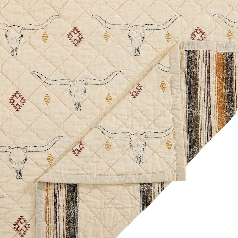 Paseo Road Maverick Longhorns Rustic Western Skull and Vintage Stripes Pattern 3 Piece Reversible Quilt with Pillow Shams