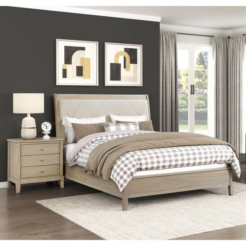 Beige Finish Wooden Bedroom Set 3pc Panel Bed and Two Nightstands