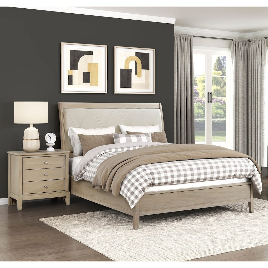 Beige Finish Wooden Bedroom Set 3pc Panel Bed and Two Nightstands