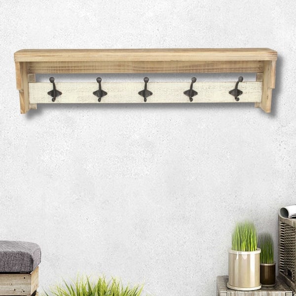 slide 2 of 16, Multicolored Wood Farmstyle Coat Rack with Shelf - W: 31.5" x D: 8" x H: 5" W: 31.5" x D: 8" x H: 5" - Brown
