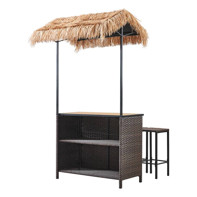 Pocassy Outdoor Patio Tiki Bar Set with 2 Stools Storage for Garden