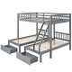 preview thumbnail 4 of 7, Full Over Twin & Twin Bunk Bed, Wood Triple Bunk Bed with Drawers and Guardrails, Gray