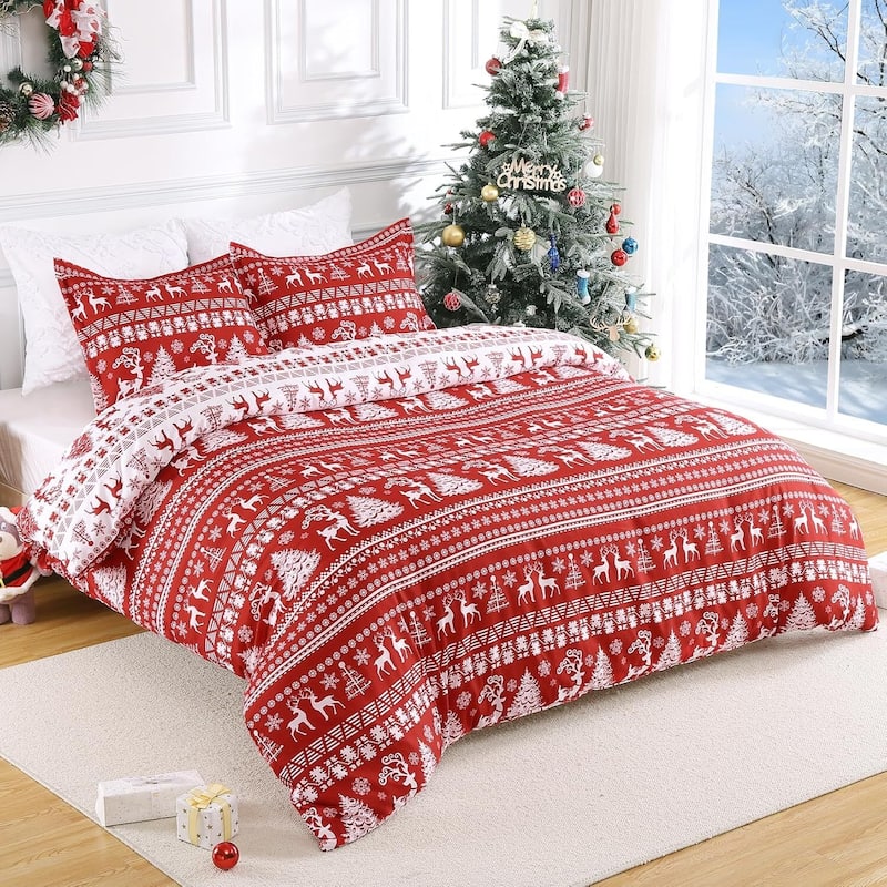 Christmas Holiday Reindeer Duvet Cover and Pillow Shams Set, Bedding Set - King
