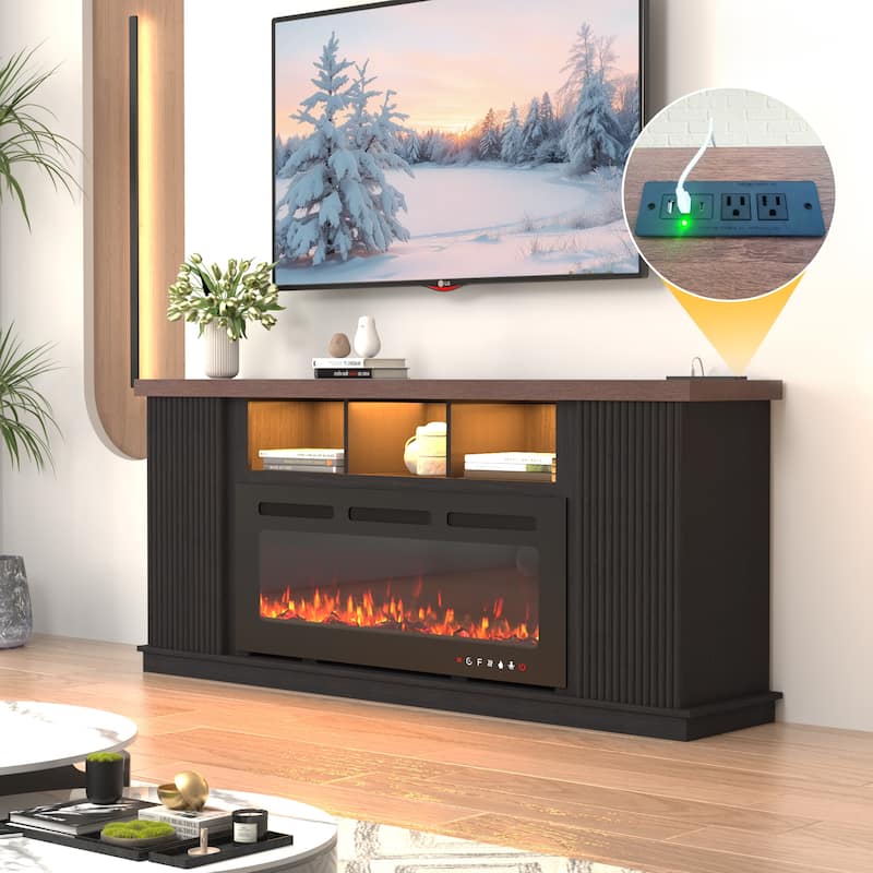 Erommy 70" TV Stand with Electric Fireplace Heater, Media Entertainment Center Console for TVs up to 80" with Storage Cabinet