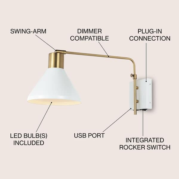dimension image slide 4 of 5, Justina Swing Arm 1-Light Modern Midcentury Iron USB Charging Port LED Sconce, by JONATHAN Y