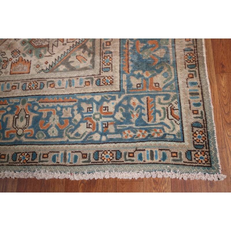 Blue Distressed Tabriz Vintage Persian Rug Hand-Knotted Wool Carpet - 8'1" x 11'2"