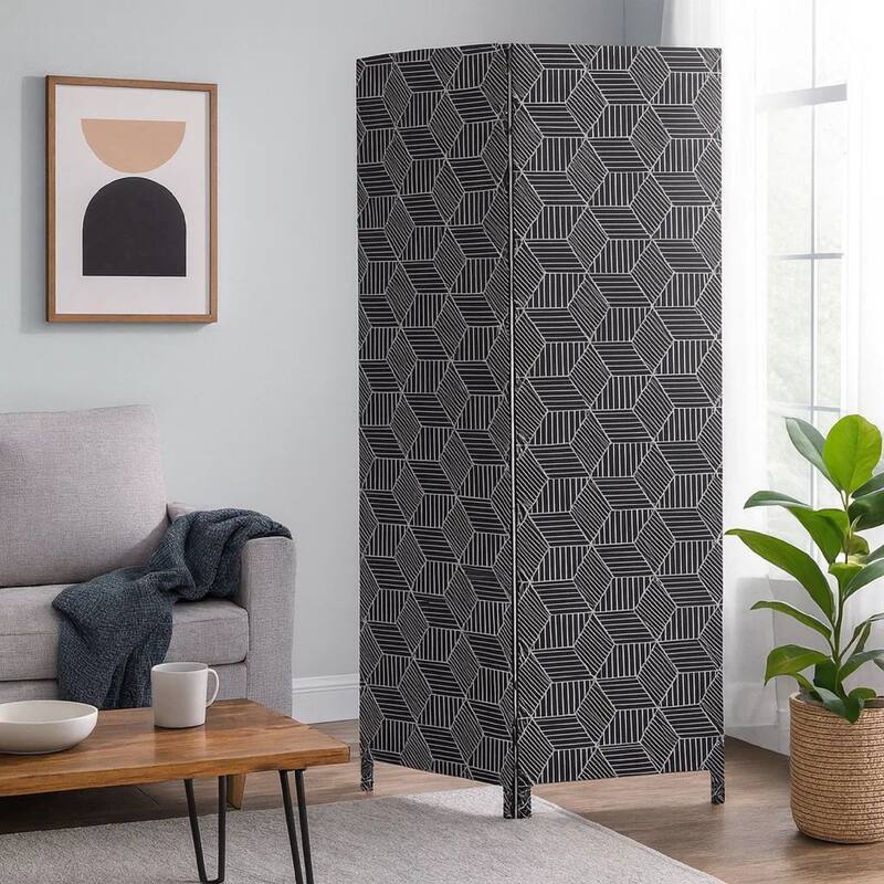 71 Inch 3 Panel Fabric Room Divider with Geometric Print, Black