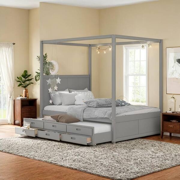 slide 2 of 36, Queen Size Canopy Platform Bed with Twin Size Trundle and Three Storage Drawers Gray