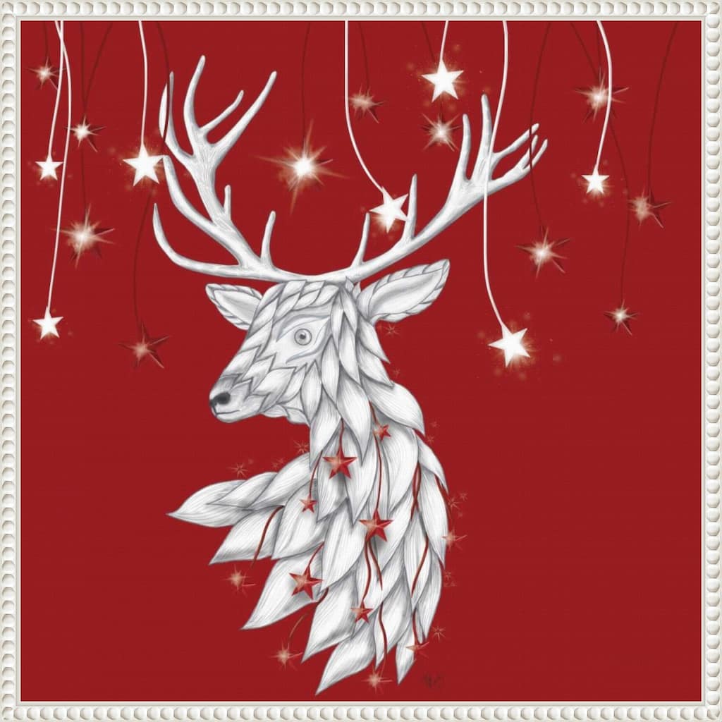 White Deer and Hanging Stars by Fab Funky (22 x 22 in.), Framed Canvas Wall Art Print - Sylvie Beaded White