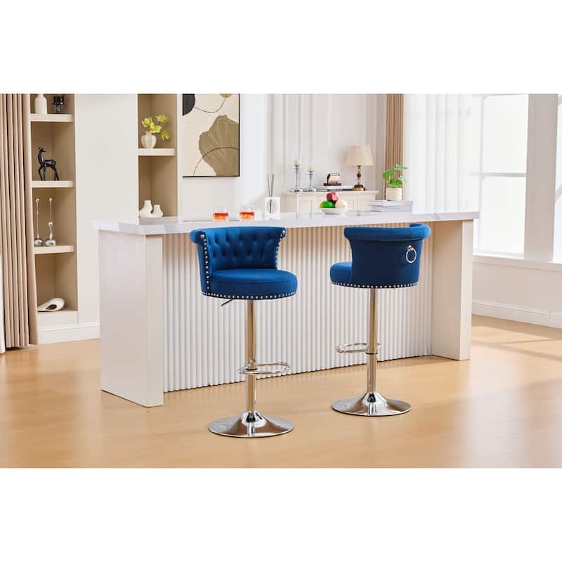 Velvet Bar Stool Set of 2, Adjustable Swivel Bar Stools with Silver Plated Metal Leg, Chrome Nailhead, Counter Height Chair