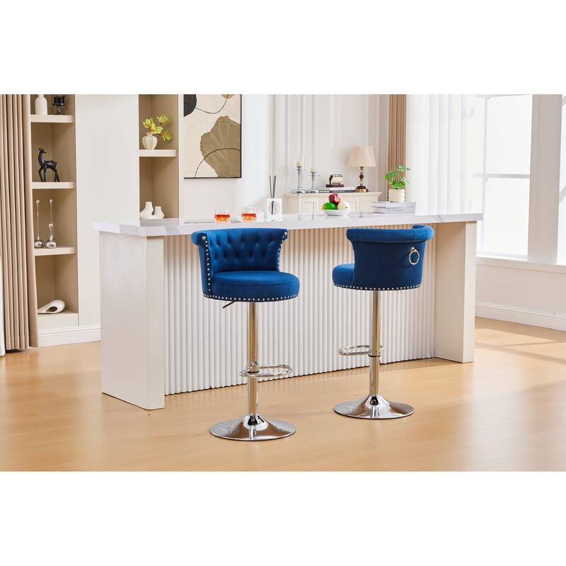 Velvet Upholstered Bar Stool Set of 2, Adjusatble Height Swivel Bar Stools, Dining Chairs with Curved Backrest & Footrest
