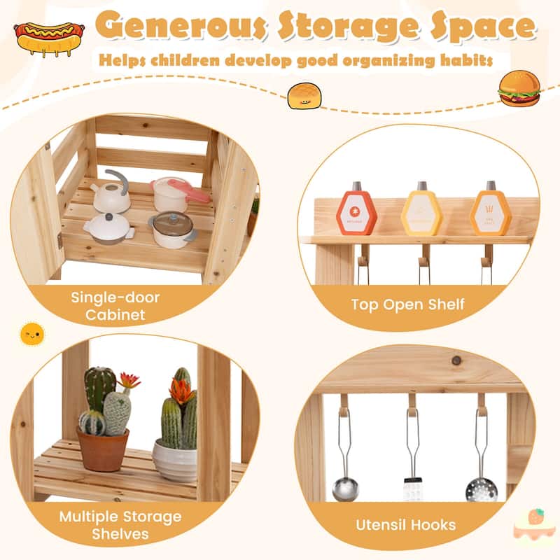 Costway 3-Piece Outdoor Wooden Kitchen Playset Kids Mud Kitchen BBQ - Natural - See Details