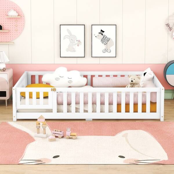 slide 2 of 9, Full Size Floor Bed with Door & Fence, Wooden Montessori Bed for Kids White - Full