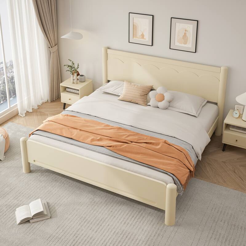 King Size Solid Wood Platform Bed with Headboard, 10 Wooden Slats Support, No Box Spring Needed, Beige Finish