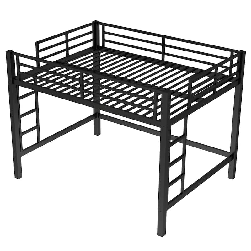 Queen Size Metal Loft Bed Frame with Ladders and Guardrails