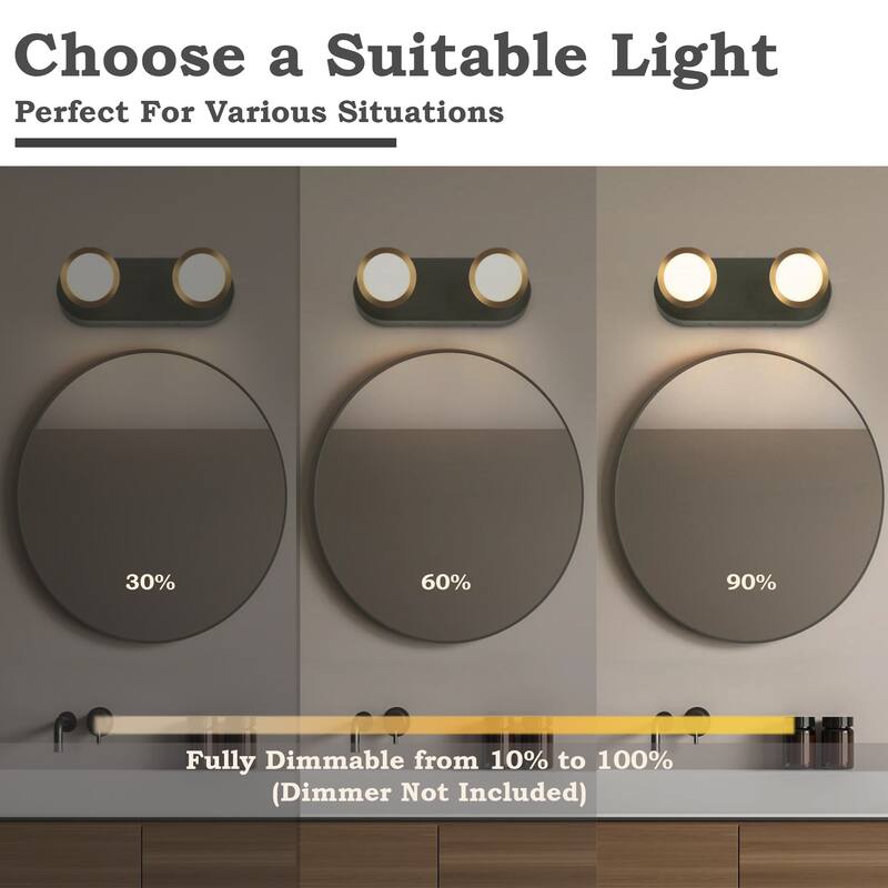 Modern 2-Light Black Gold LED Wall Sconces Bathroom Vanity Lights with Adjustable Shades - 11.8" L x 3.3" W x 4.3" H