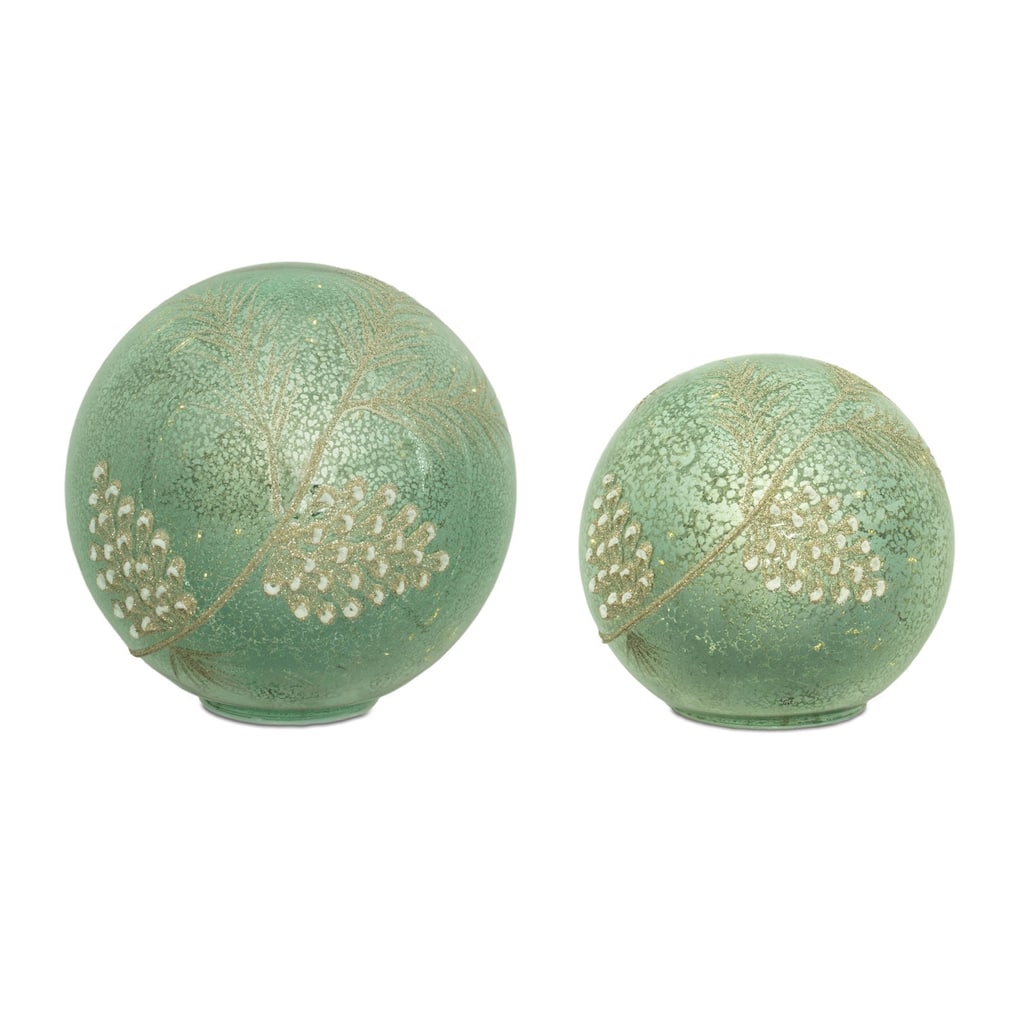 Set of 2 LED Glass Globes with Pinecone Snowy Finish - 5.75” x 5.75” x 5”