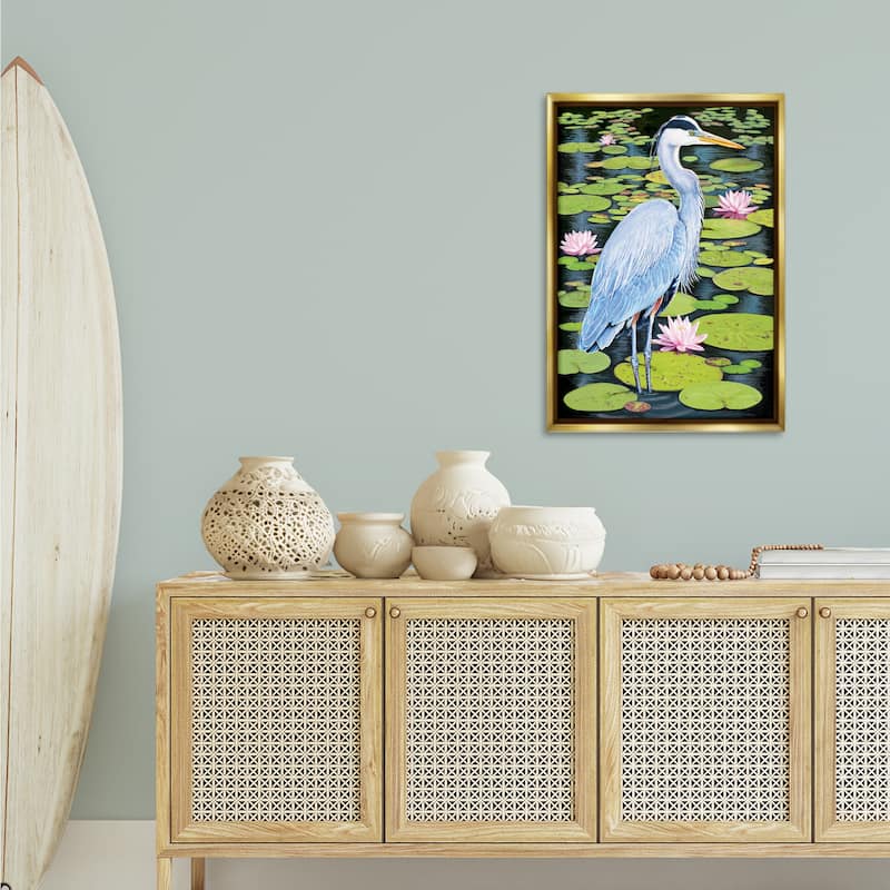 Stupell Heron Among Pond Lilies Framed Floater Canvas Wall Art Design By Rosiland Solomon