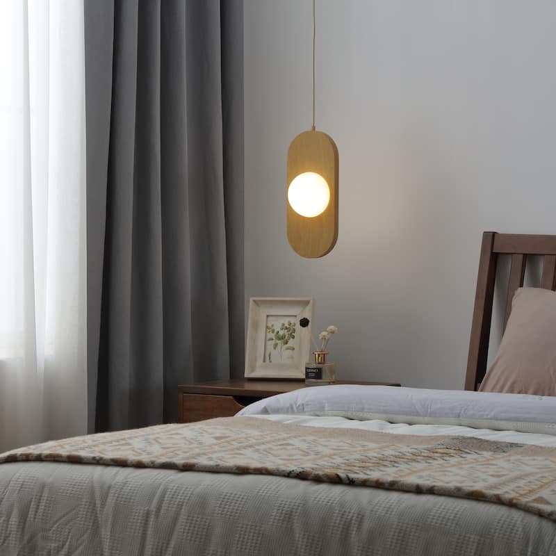 VidaLite Orbita 2-Light Natural Wood Pendant Light with Frosted Glass Shade and Integrated LED - 14" x 6"