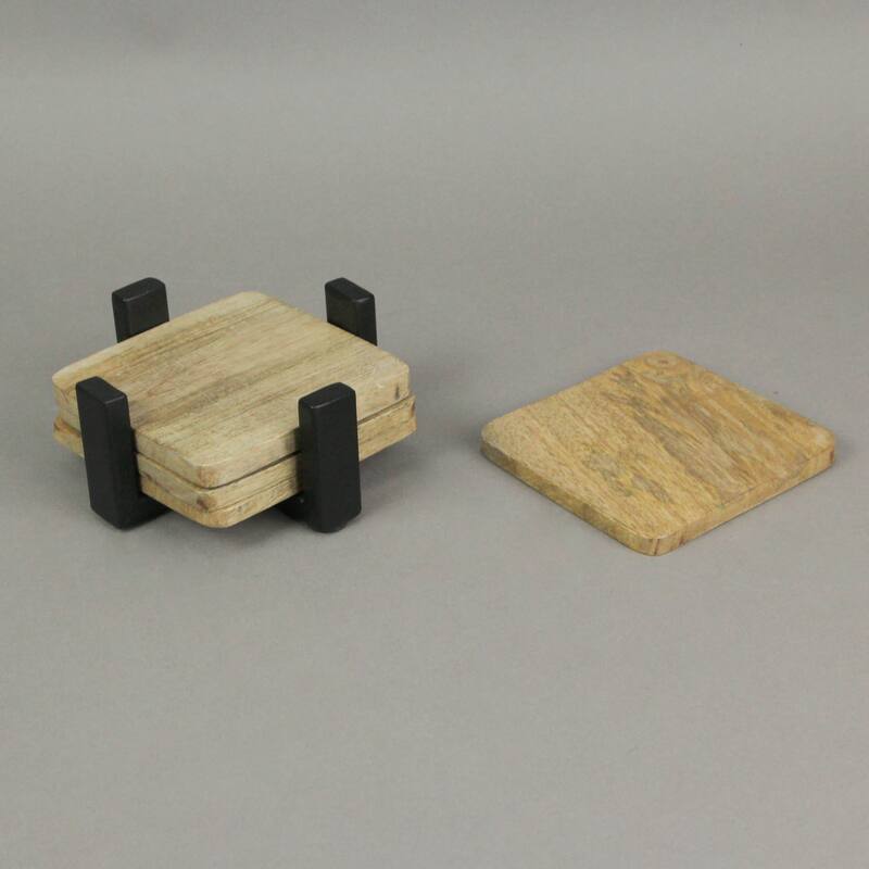 Square Wood Coasters Metal Holder Table Drink Accessory (Set Of 4) - 2.25 X 5 X 5 inches