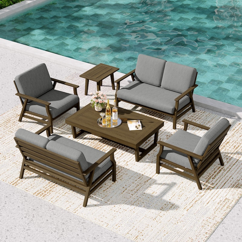 4-Piece Teak Outdoor Conversation Set With 2 Loveseats, Coffee Table & Side Table - Grey - Brown Wood
