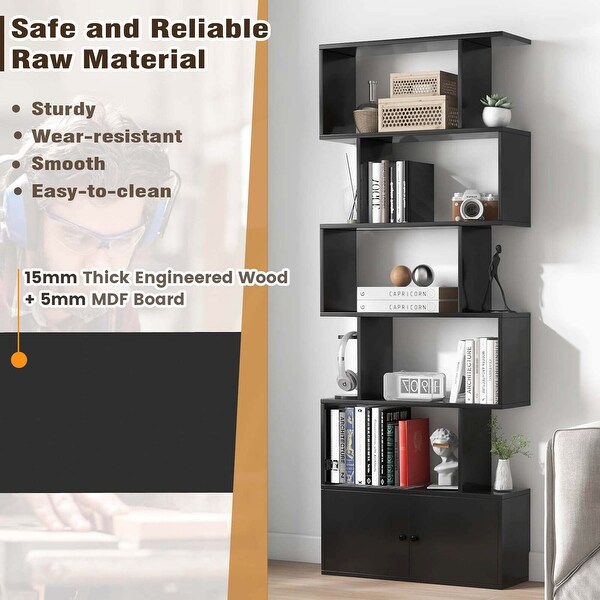 26冊 Costway Bookshelf with Cabinet 6-Tier S-Shaped Bookcase