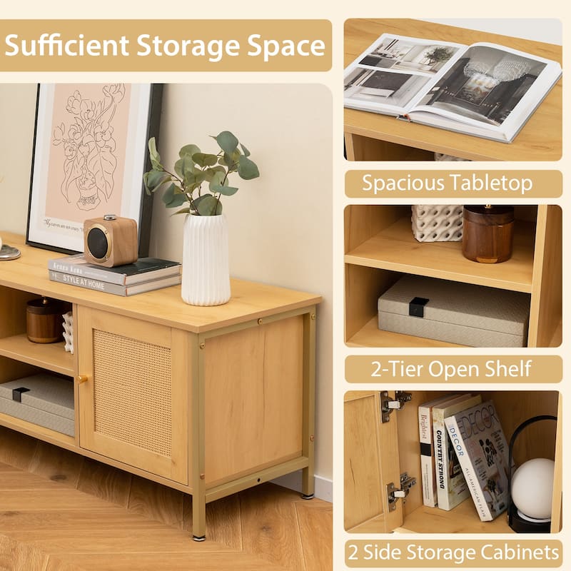 Natural Engineered Wood TV Stand with Faux Rattan Doors, Metal Feet and Storage Shelves - 48" x 16" x 19"(L x W x H)