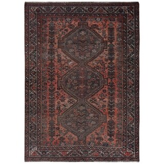 Hand Knotted Red Overdyed & Vintage with Worn Wool Oriental Rug (5'3