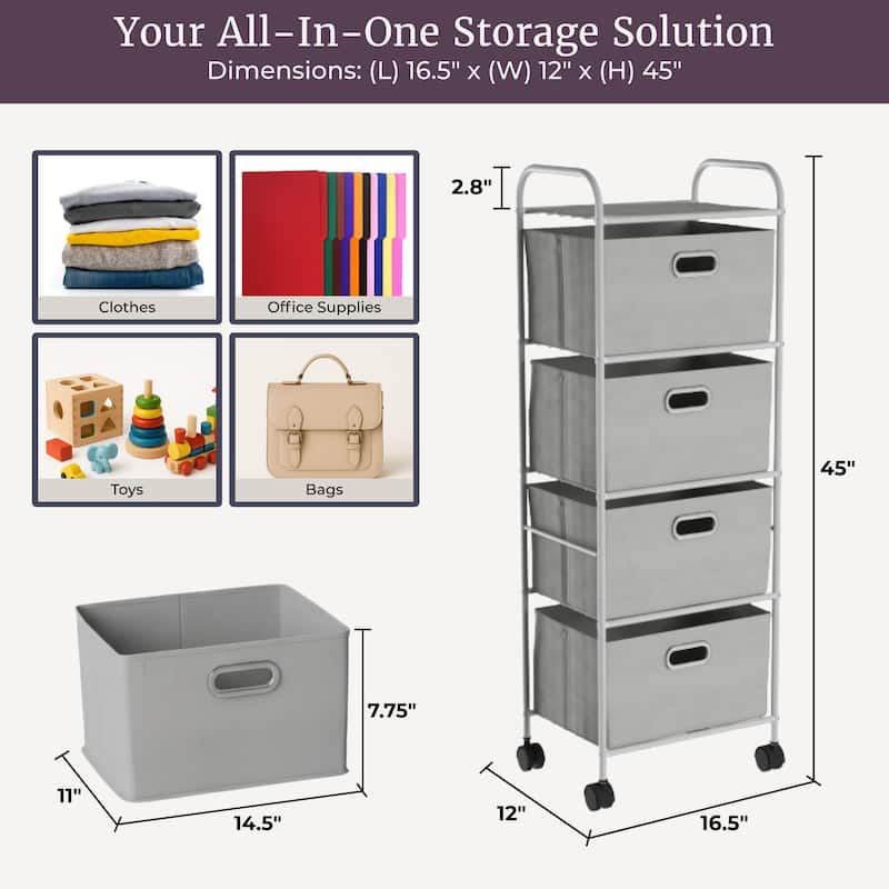 4-Drawer Fabric Dresser - Slim Clothes Storage Organizer with Wheels and Metal Frame by Lavish Home (Gray)