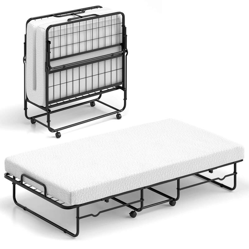 Twin Folding Bed w/Wheels 75" x 38" Rollaway Bed w/ Metal Frame - White
