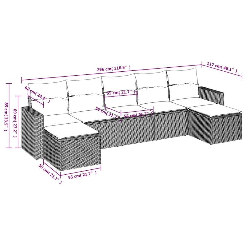 vidaXL 7/8 Piece Patio Sofa Set with Cushions Black Poly Rattan - 21.7" x 24.4" x 27.2"