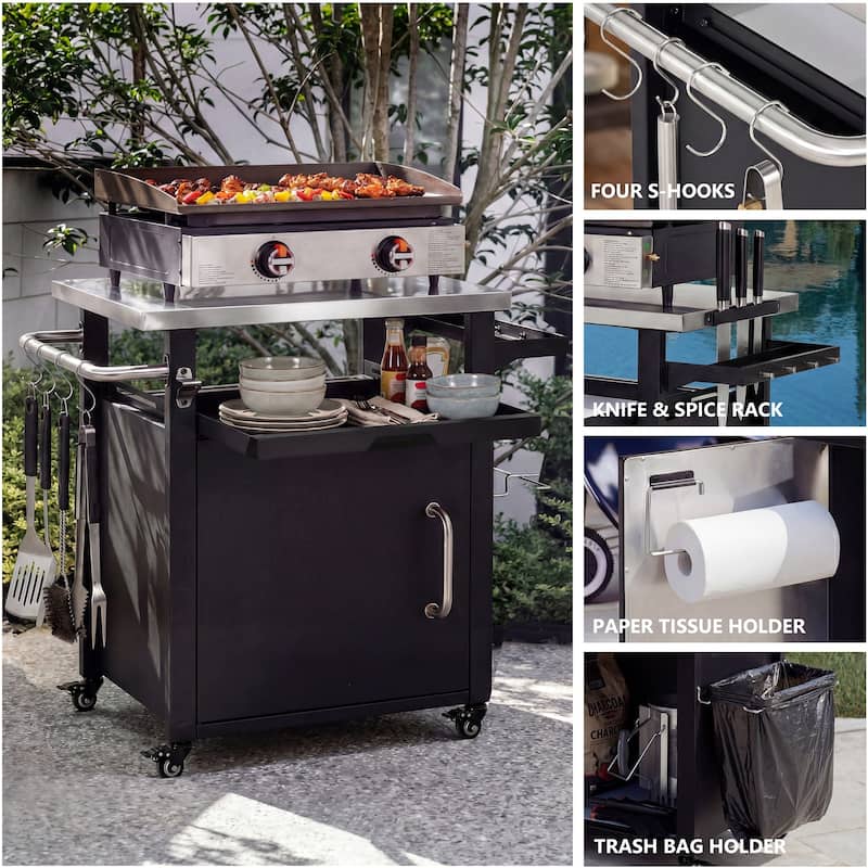 39.5"Outdoor Grill Cart with Storage Cabinet,Bar Cart Pizza Oven Table with Wheels,Stainless Steel Top,with Spice & Paper Rack