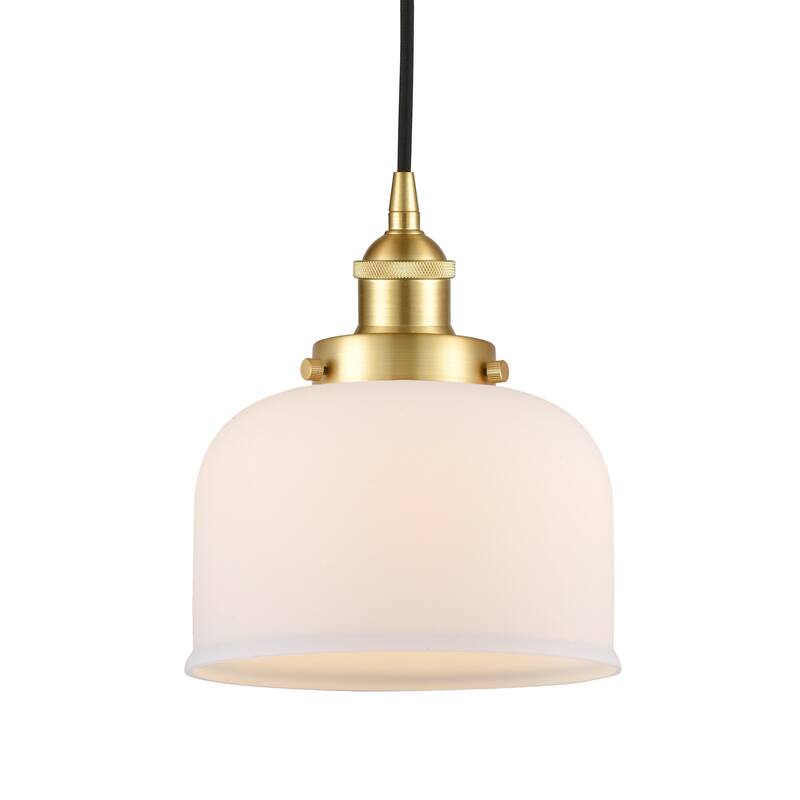 Innovations Lighting 616-1PH-10-8 Bell Pendant Bell 8" Wide Mini - Satin Gold / Matte White